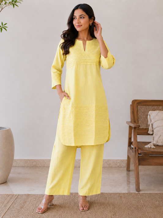 Everyday Essentials Yellow Cotton Pintuck Kurta Set