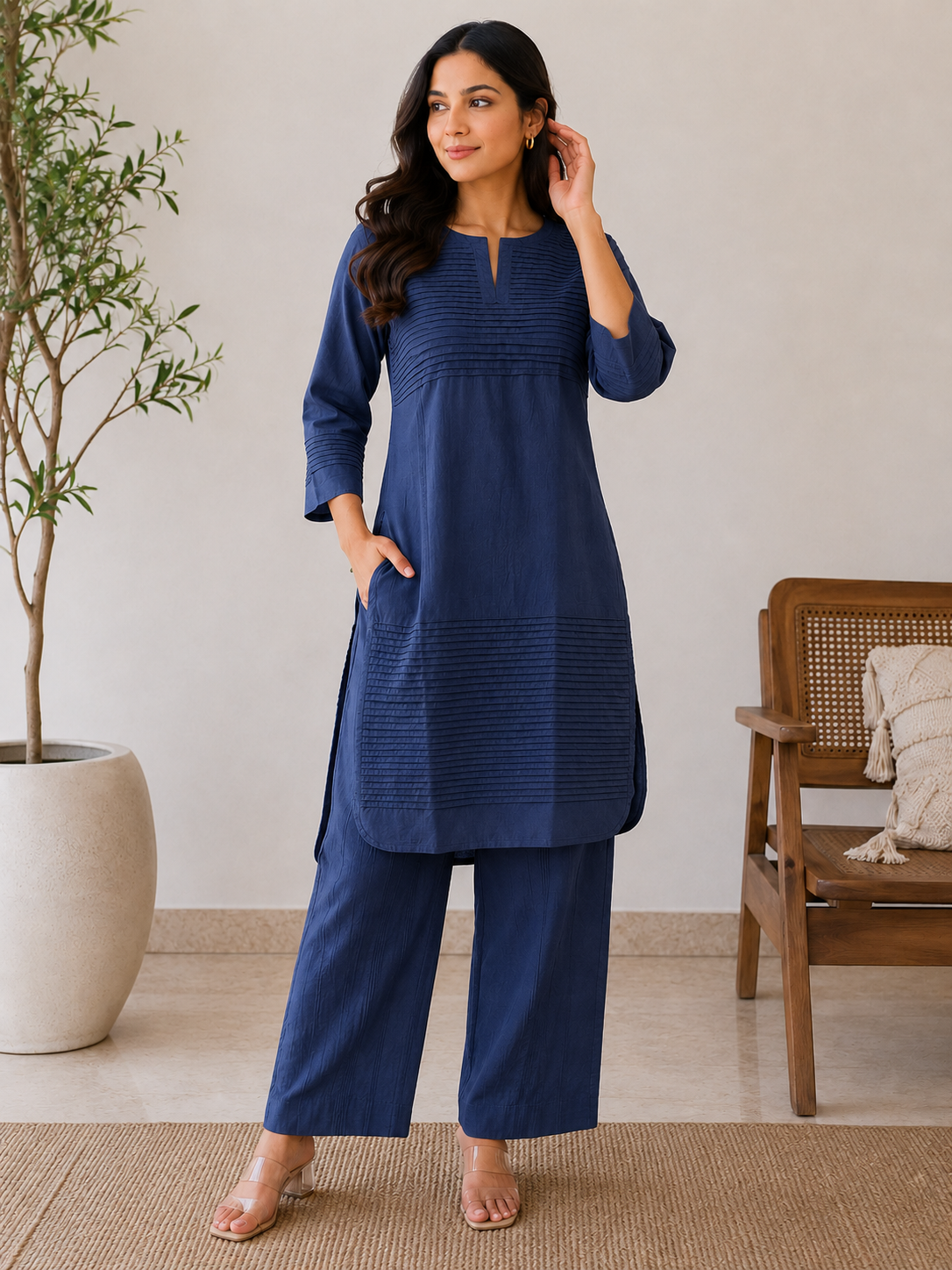 Everyday Essentials Navy Blue Cotton Pintuck Kurta Set