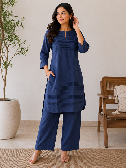 Everyday Essentials Navy Blue Cotton Pintuck Kurta Set