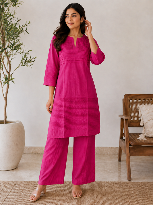 Everyday Essentials Fuchsia Cotton Pintuck Kurta Set