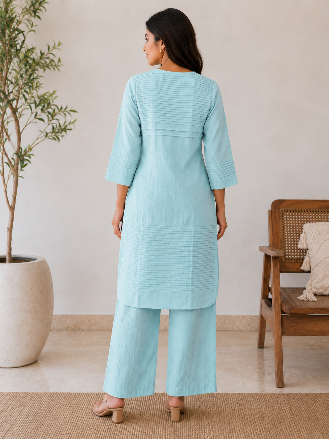 Everyday Essentials Turquoise Cotton Pintuck Kurta Set