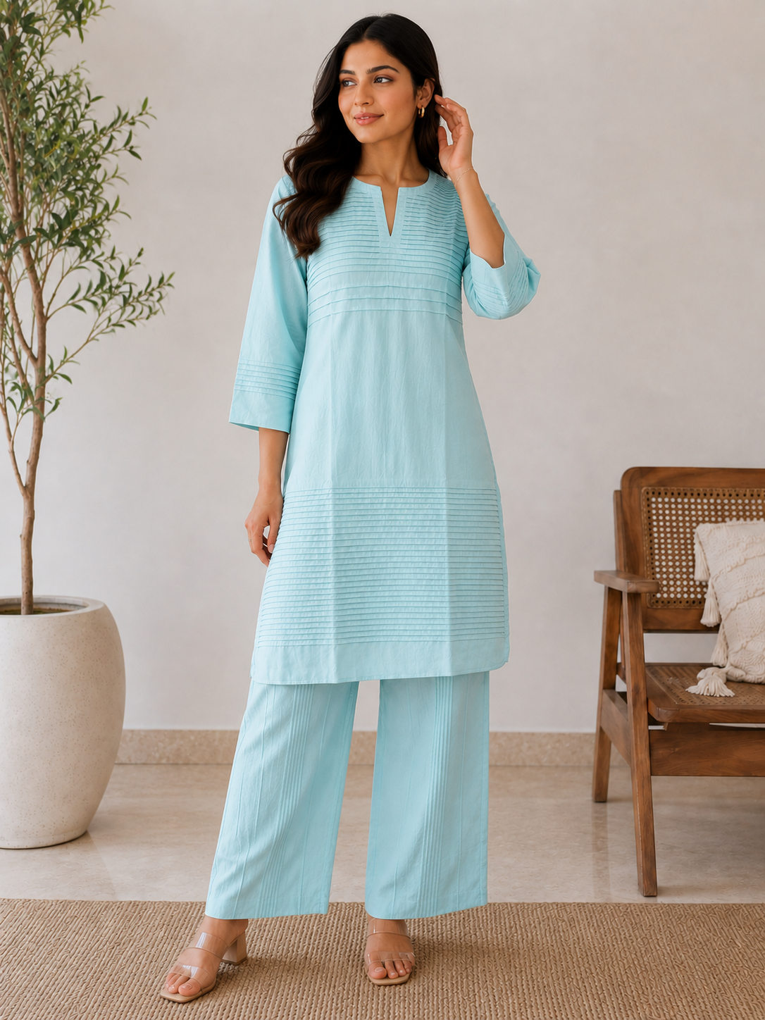 Everyday Essentials Turquoise Cotton Pintuck Kurta Set
