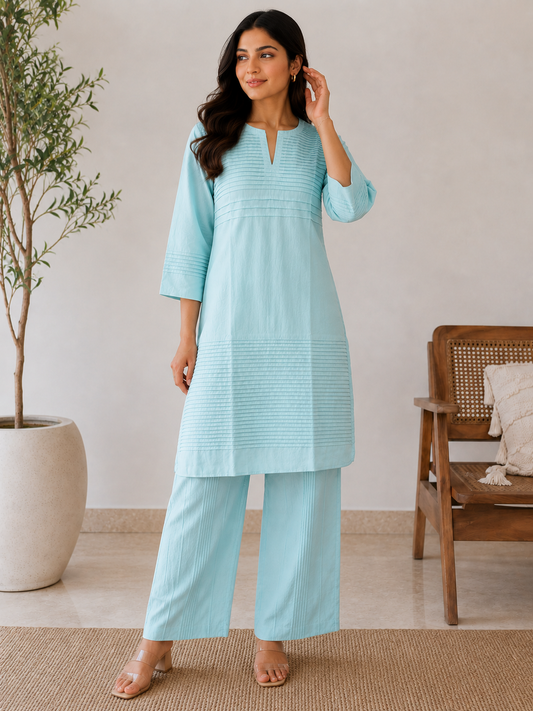 Everyday Essentials Turquoise Cotton Pintuck Kurta Set