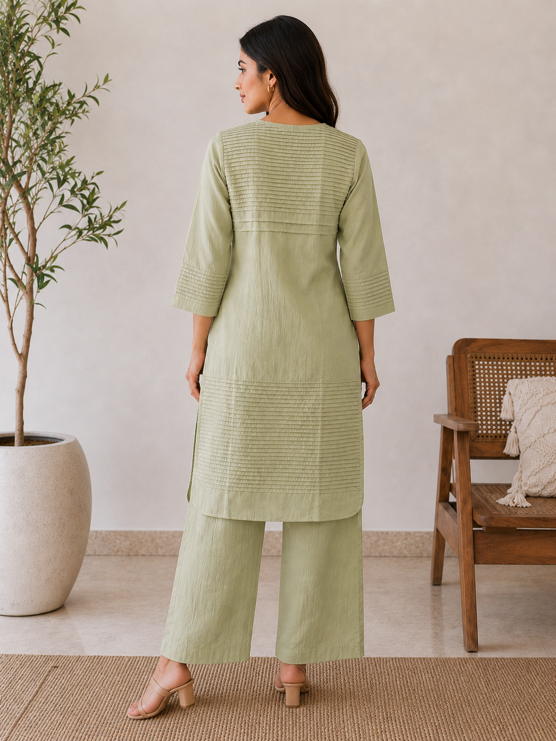 Everyday Essentials Macha Green Cotton Pintuck Kurta Set