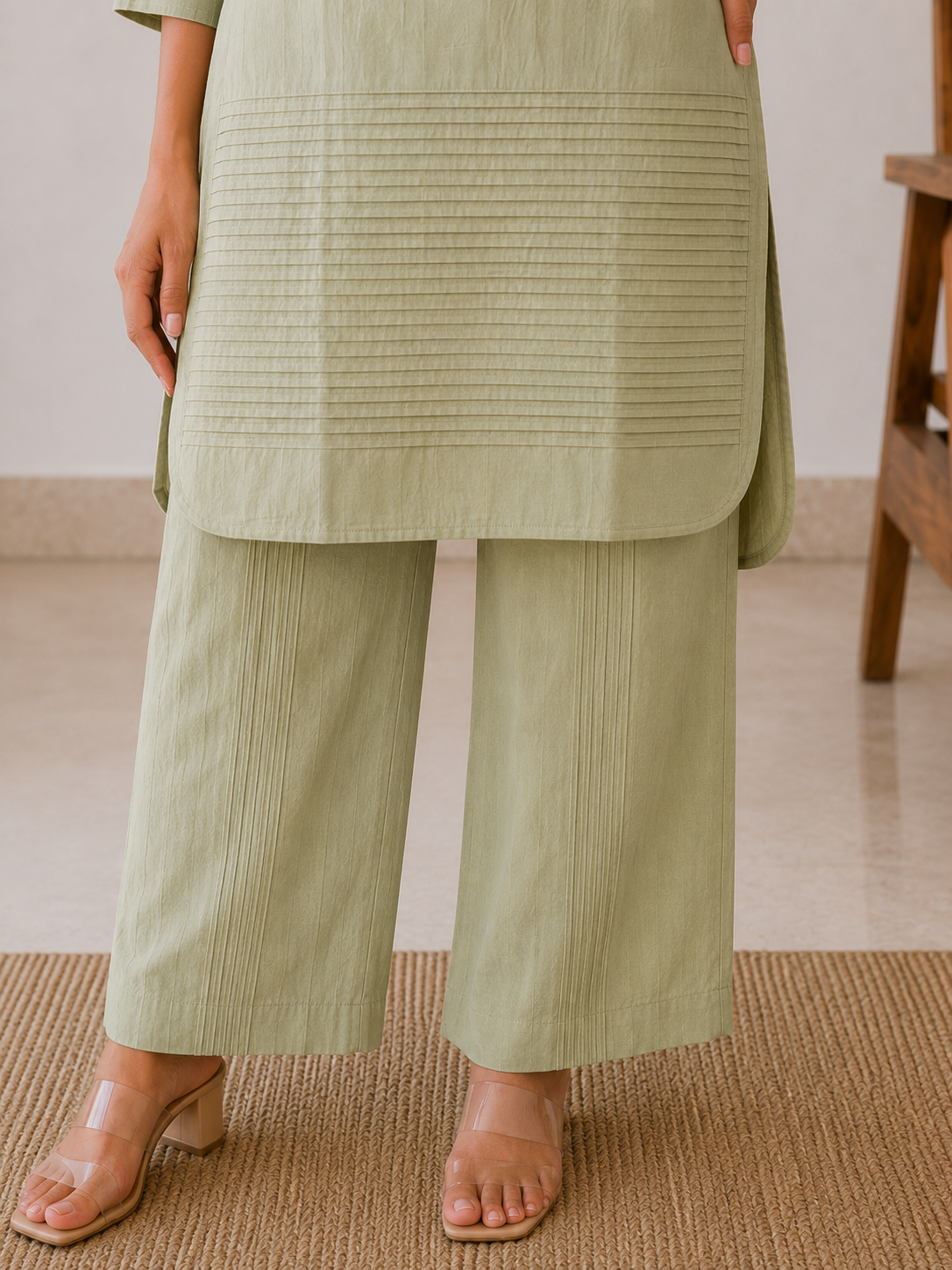 Everyday Essentials Macha Green Cotton Pintuck Kurta Set