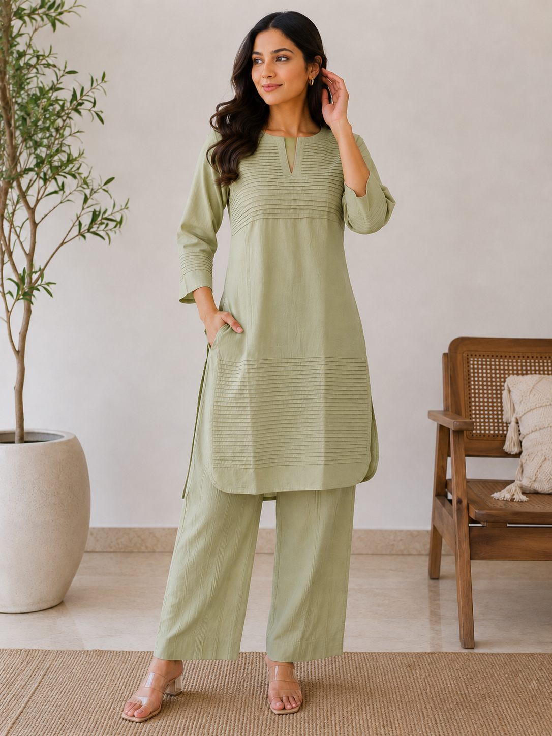 Everyday Essentials Macha Green Cotton Pintuck Kurta Set