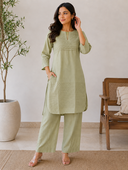 Everyday Essentials Macha Green Cotton Pintuck Kurta Set