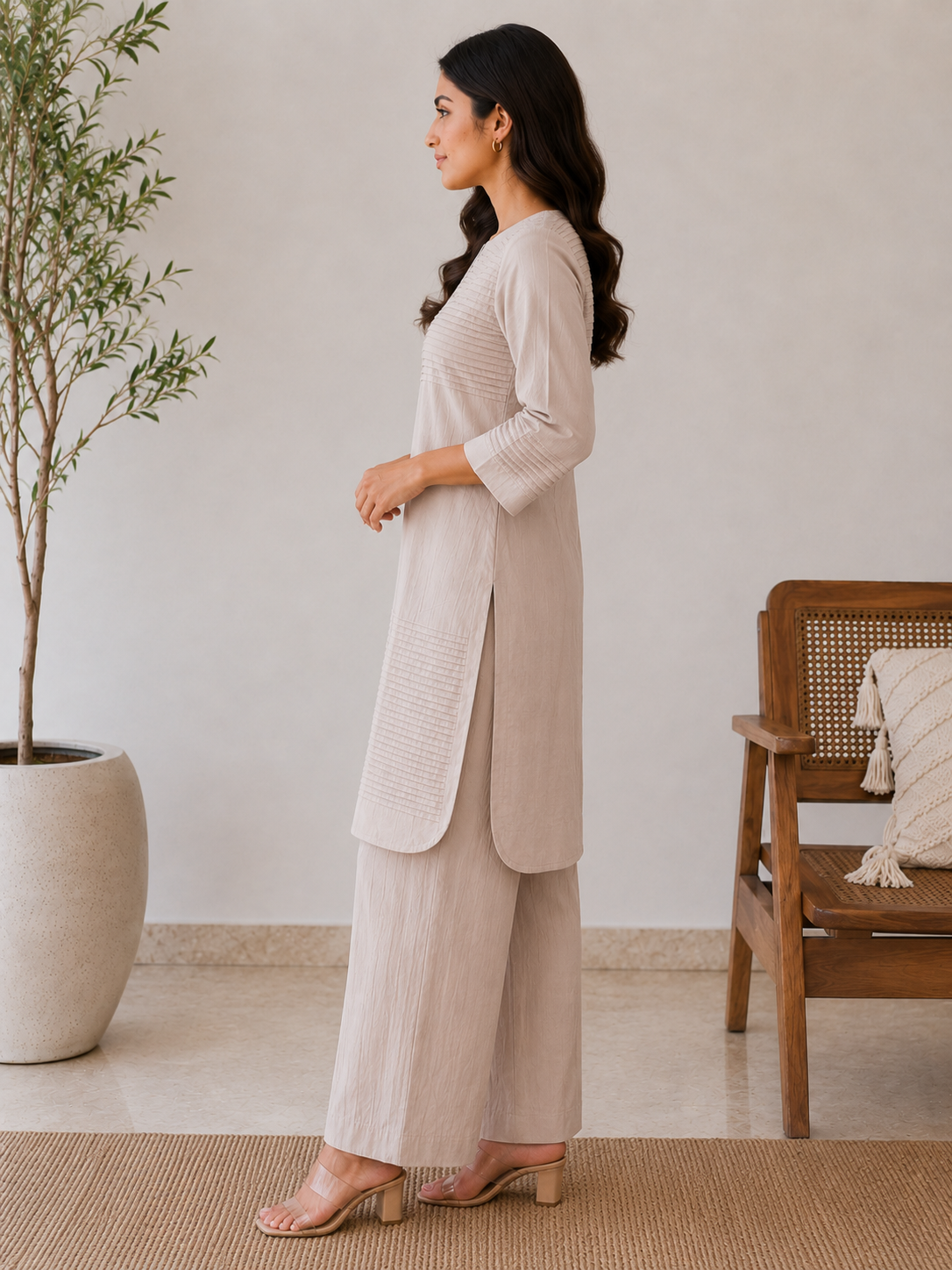 Everyday Essentials Taupe Cotton Pintuck Kurta Set