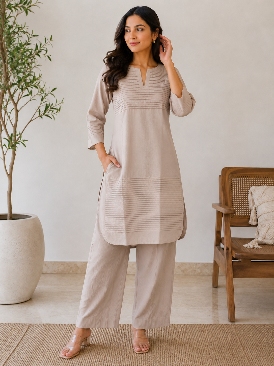 Everyday Essentials Taupe Cotton Pintuck Kurta Set