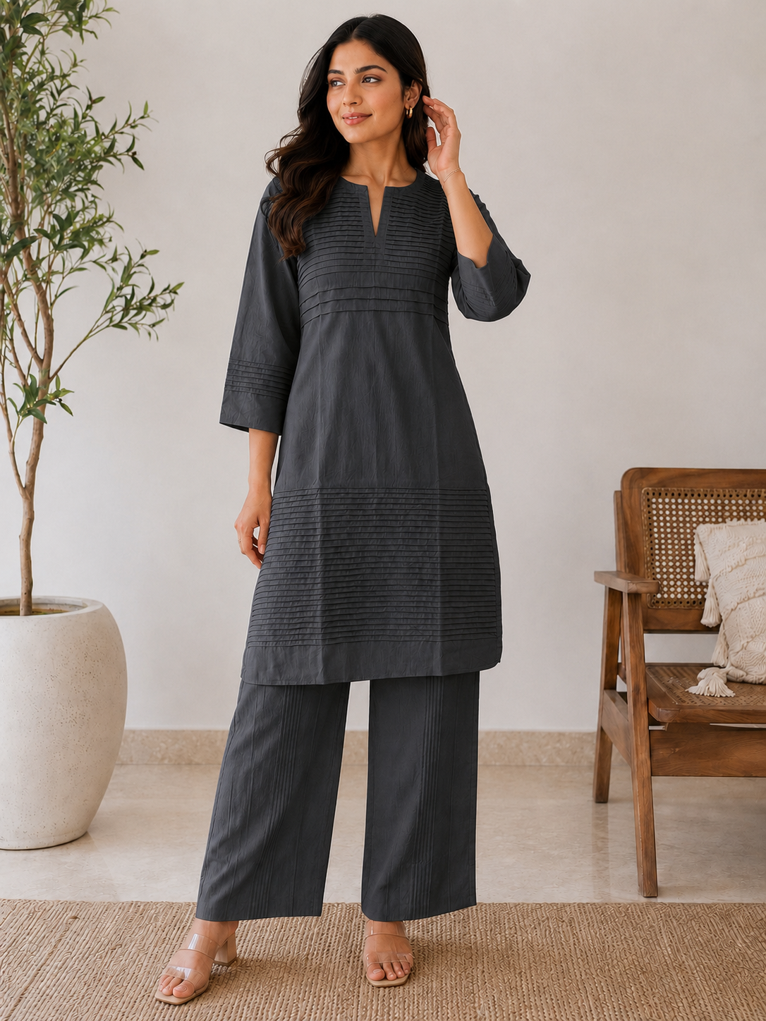 Everyday Essentials Charcoal Cotton Pintuck Kurta Set
