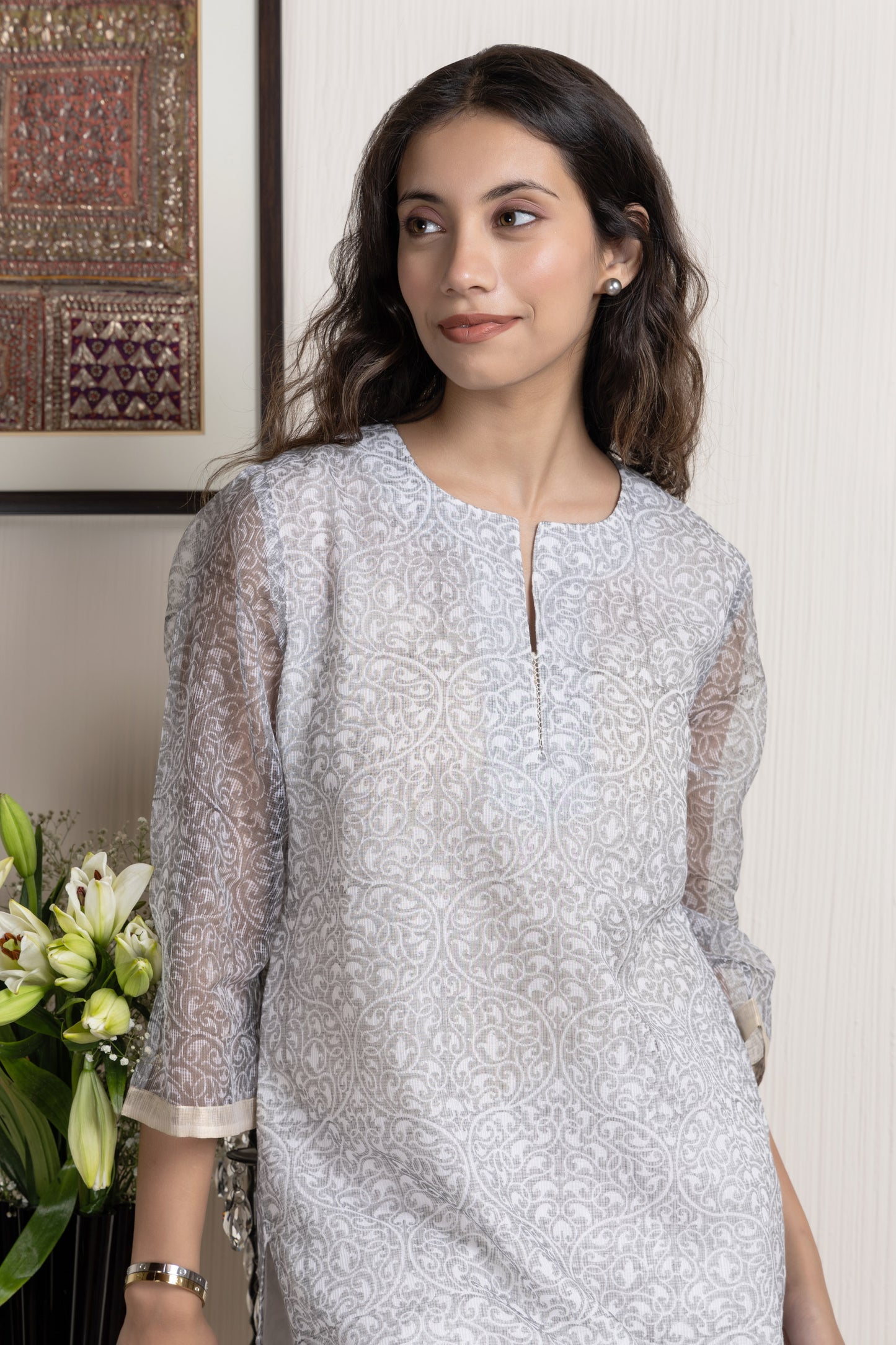 Kota Grey Printed Kota Kurta Set