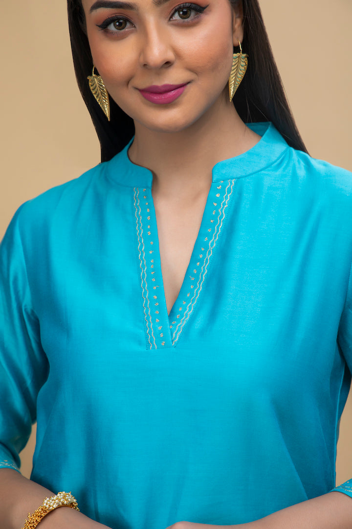 Srijana Turquoise Blue Hand Embroidered Kurta Set