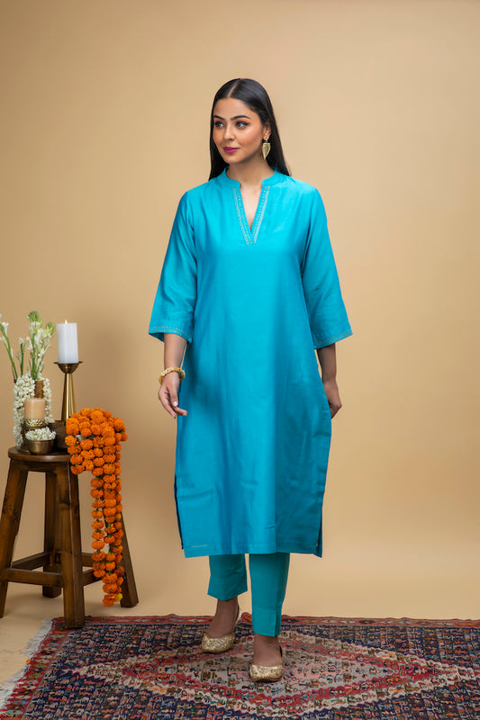 Srijana Turquoise Blue Hand Embroidered Kurta Set