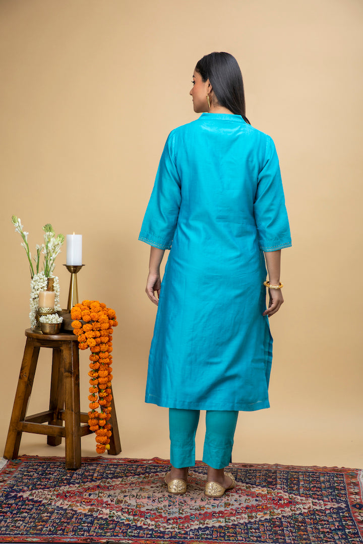 Srijana Turquoise Blue Hand Embroidered Kurta Set