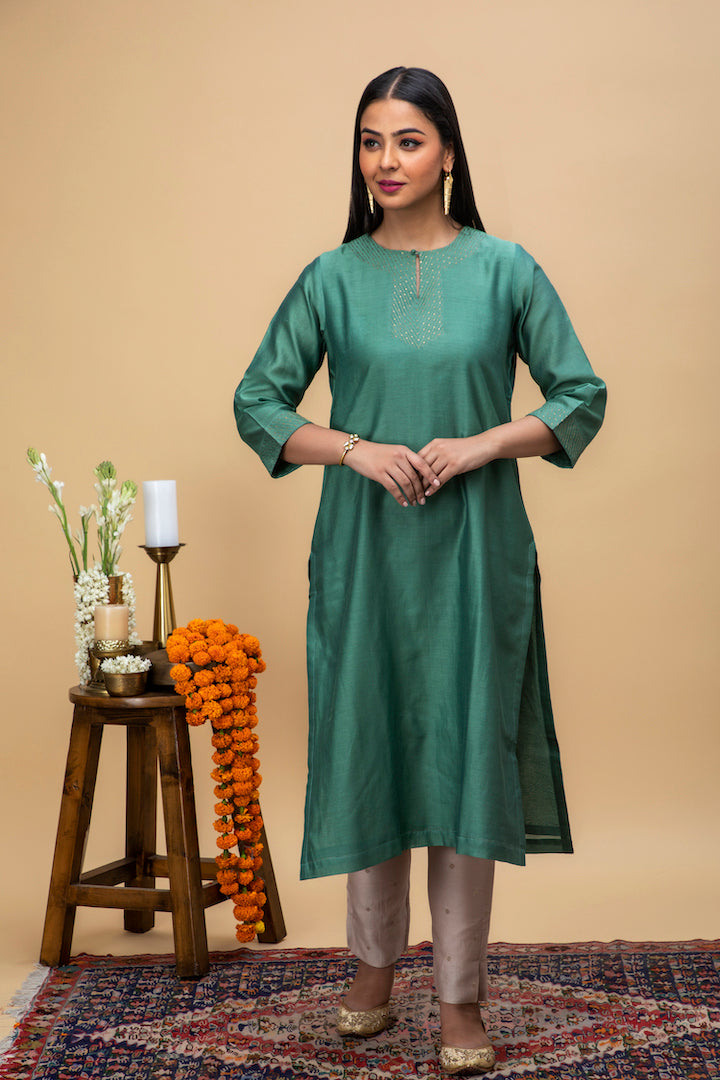 Srijana Sage Green Hand Embroidered Kurta Set