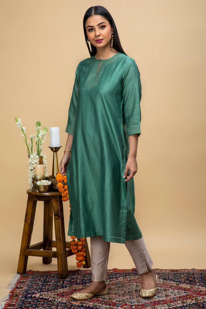 Srijana Sage Green Hand Embroidered Kurta Set