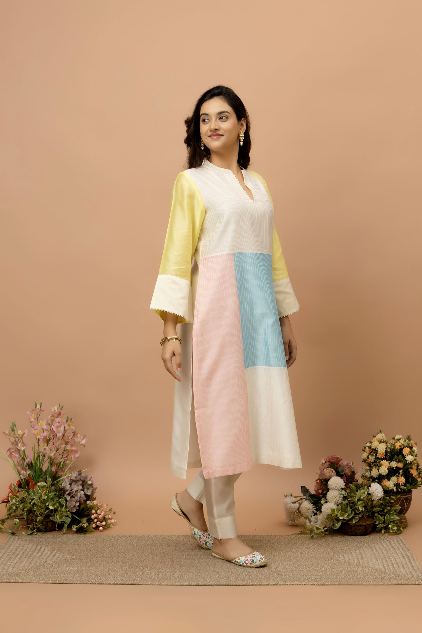 Rozanna Off White Chanderi Patchwork Kurta Set