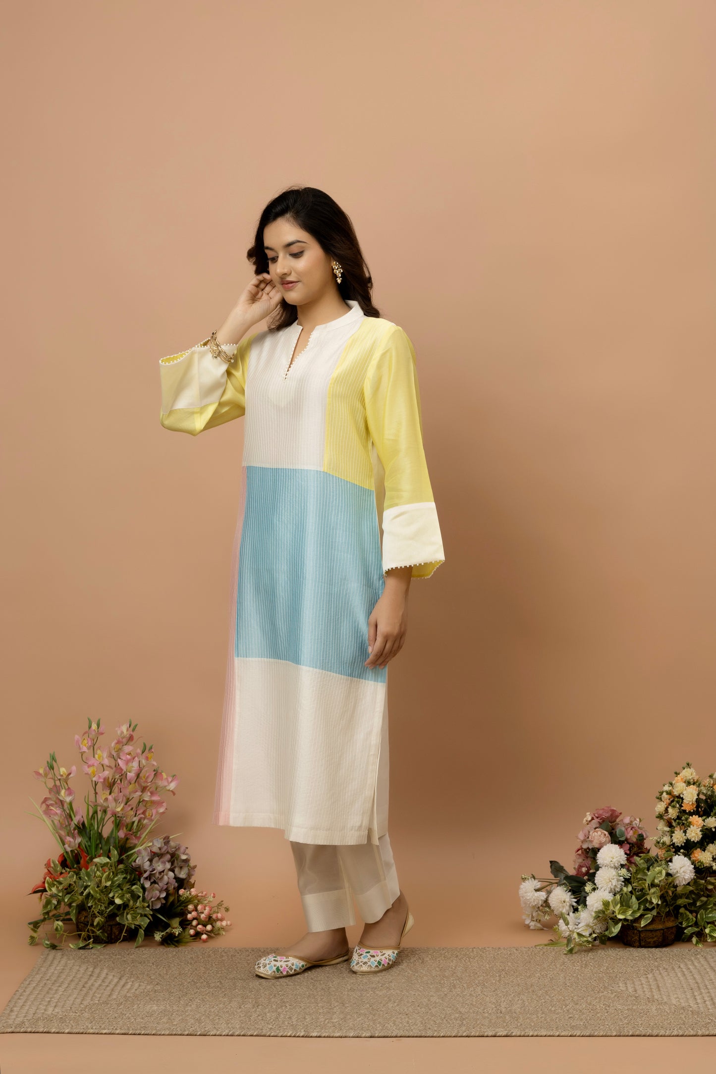 Rozanna Off White Chanderi Patchwork Kurta Set