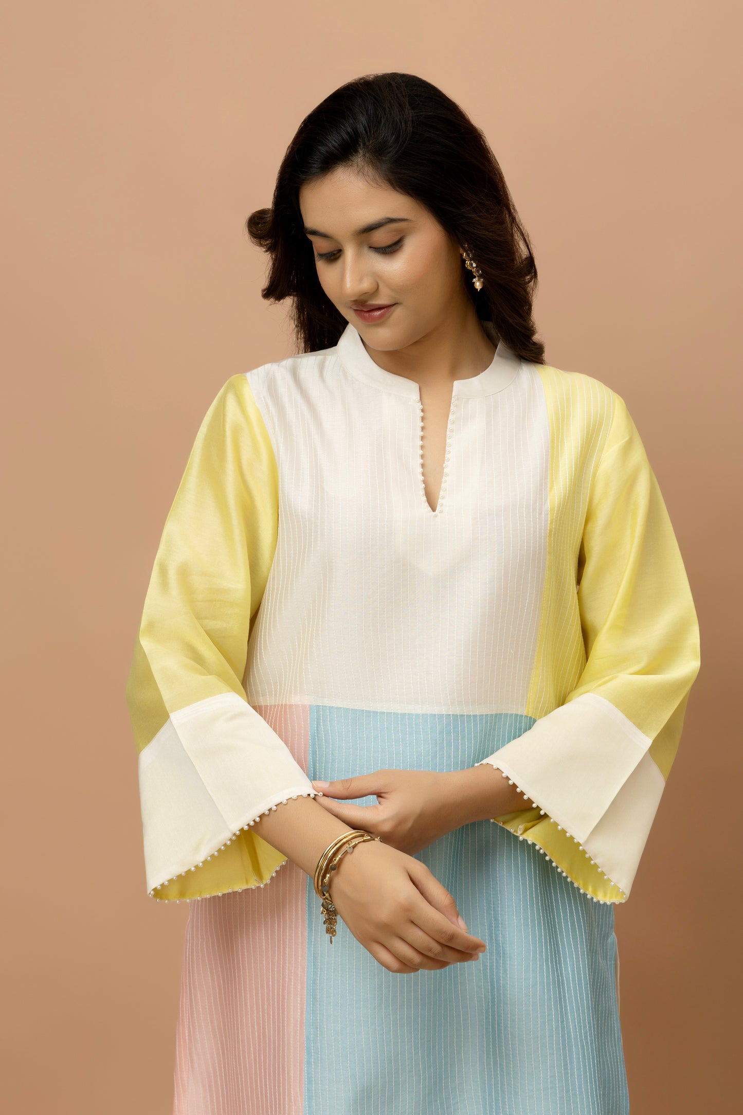 Rozanna Off White Chanderi Patchwork Kurta Set