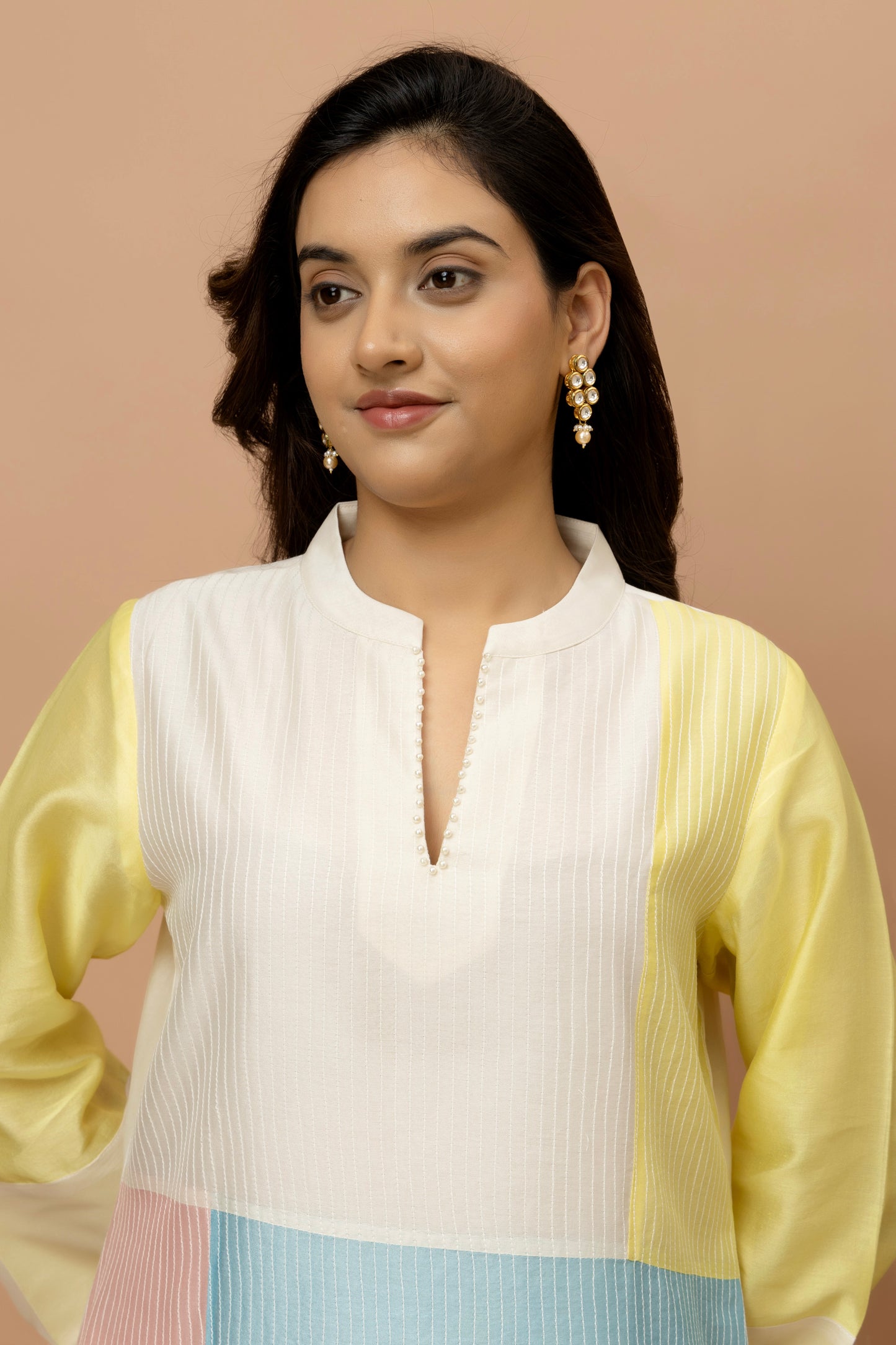 Rozanna Off White Chanderi Patchwork Kurta Set