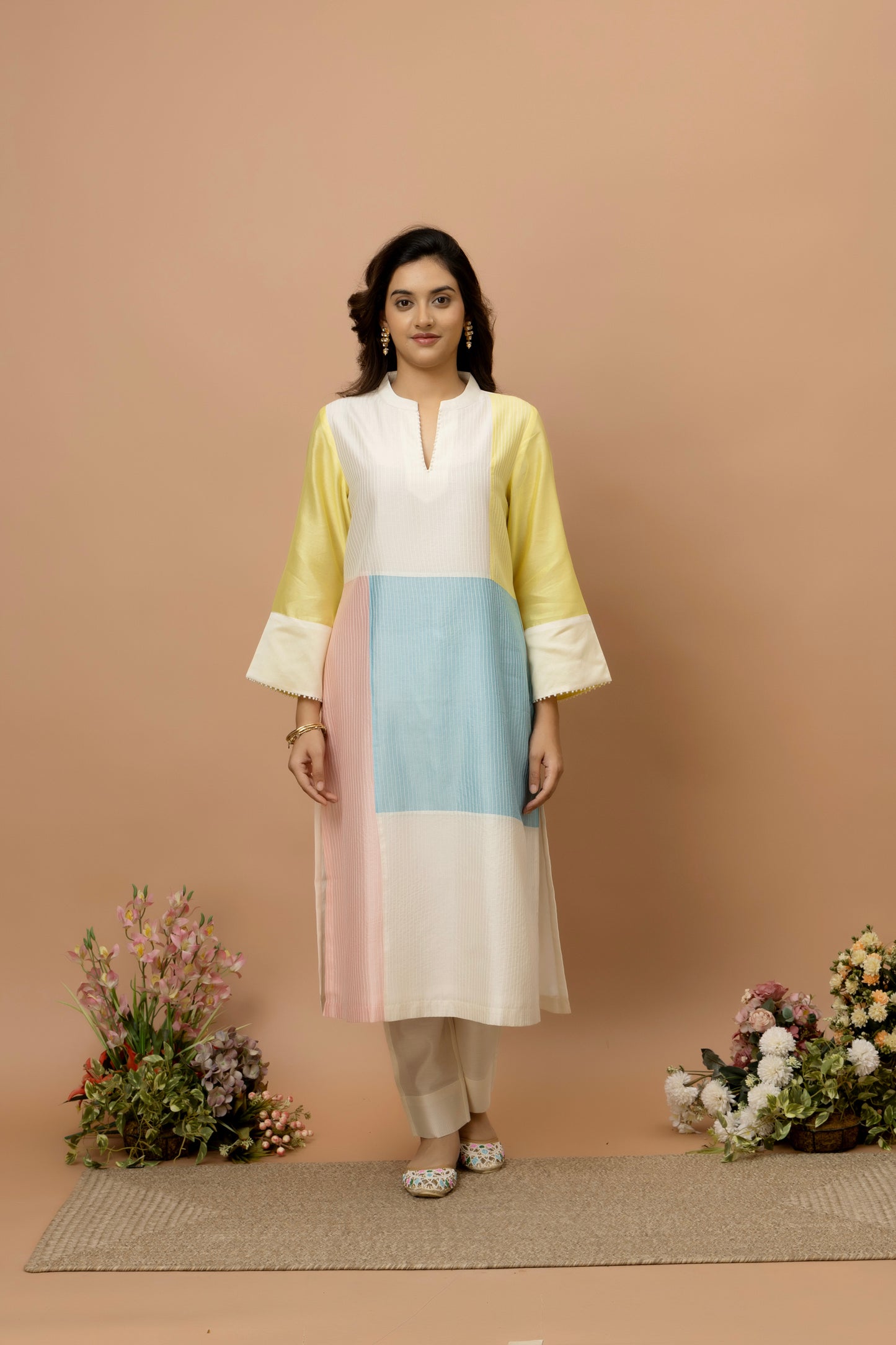 Rozanna Off White Chanderi Patchwork Kurta Set