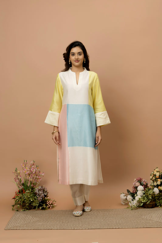 Rozanna Off White Chanderi Patchwork Kurta Set