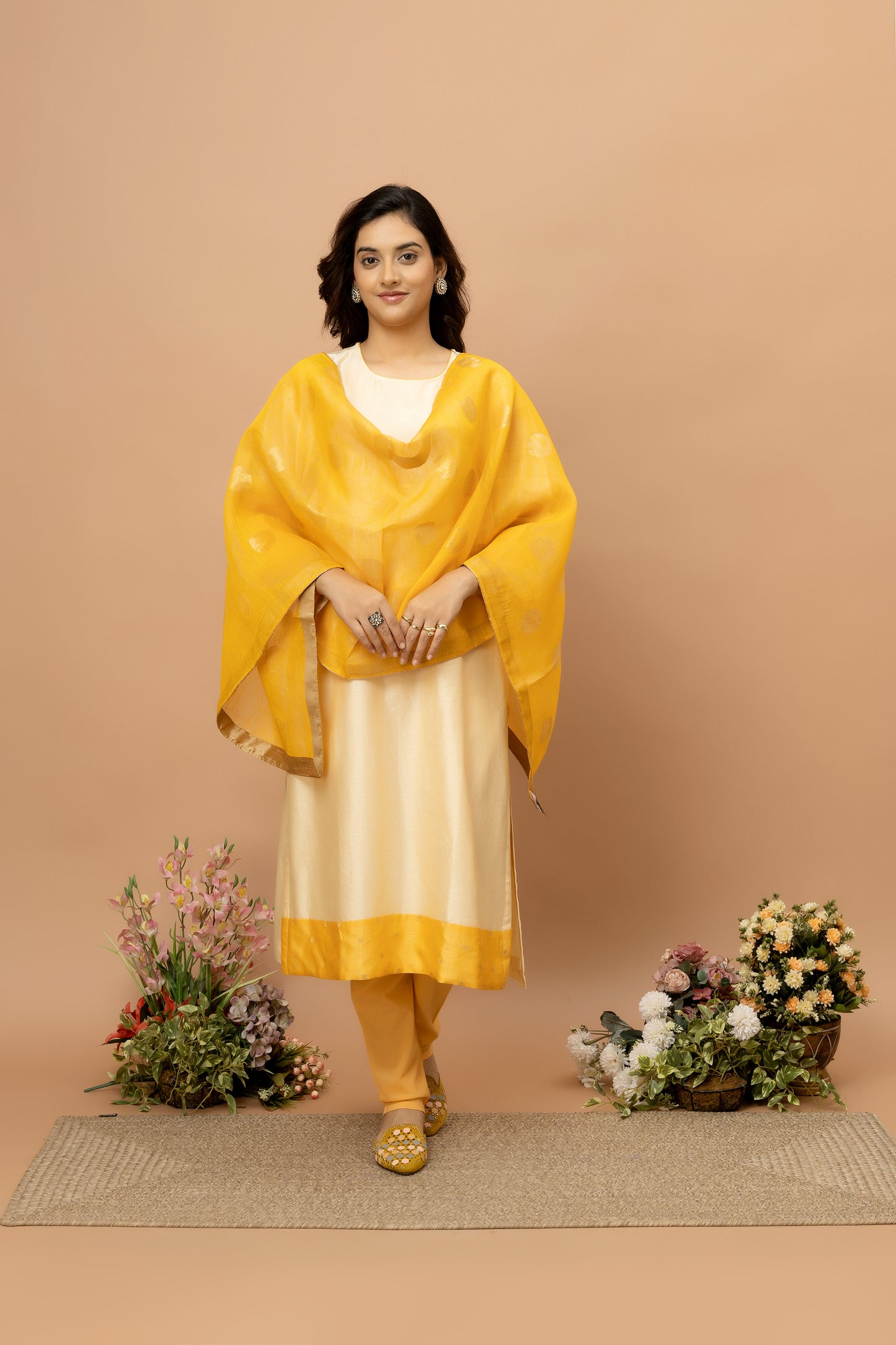 Rozanna Beige Chanderi Patchwork Kurta Set
