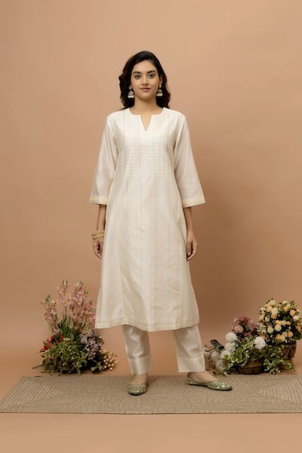 Rozanna Off White Textured Chanderi Kurta