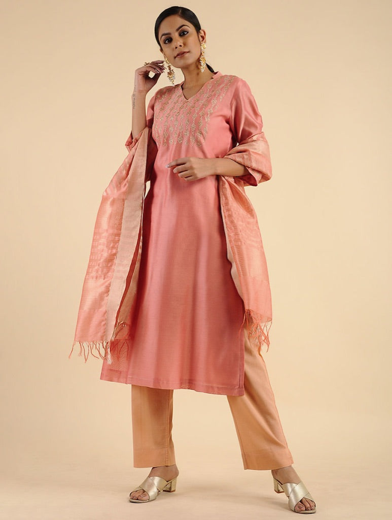 Lyrical Chanderi Peach Embroidered Kurta Set