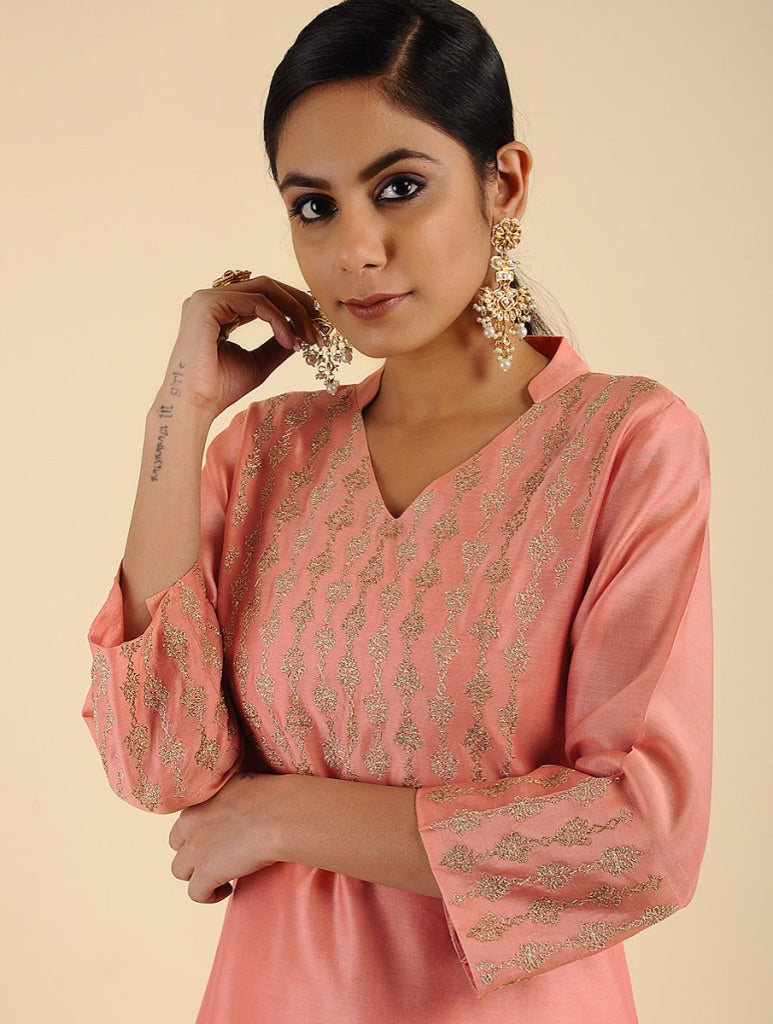 Lyrical Chanderi Peach Embroidered Kurta Set