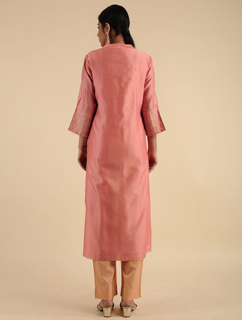 Lyrical Chanderi Peach Embroidered Kurta Set
