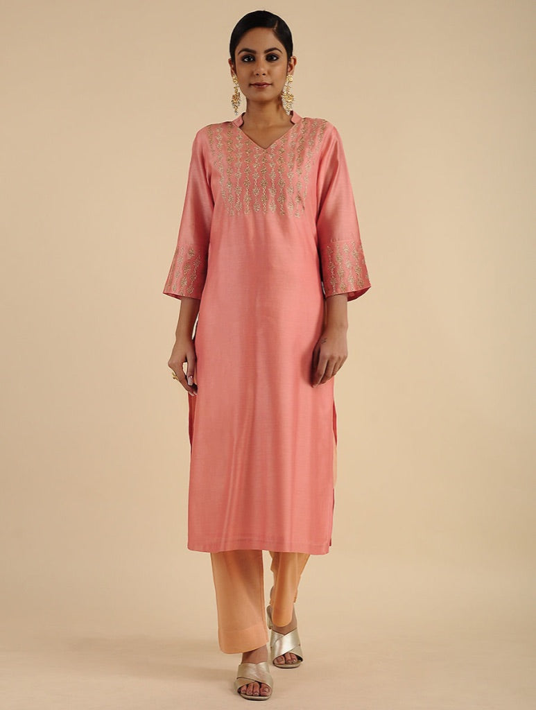 Lyrical Chanderi Peach Embroidered Kurta Set
