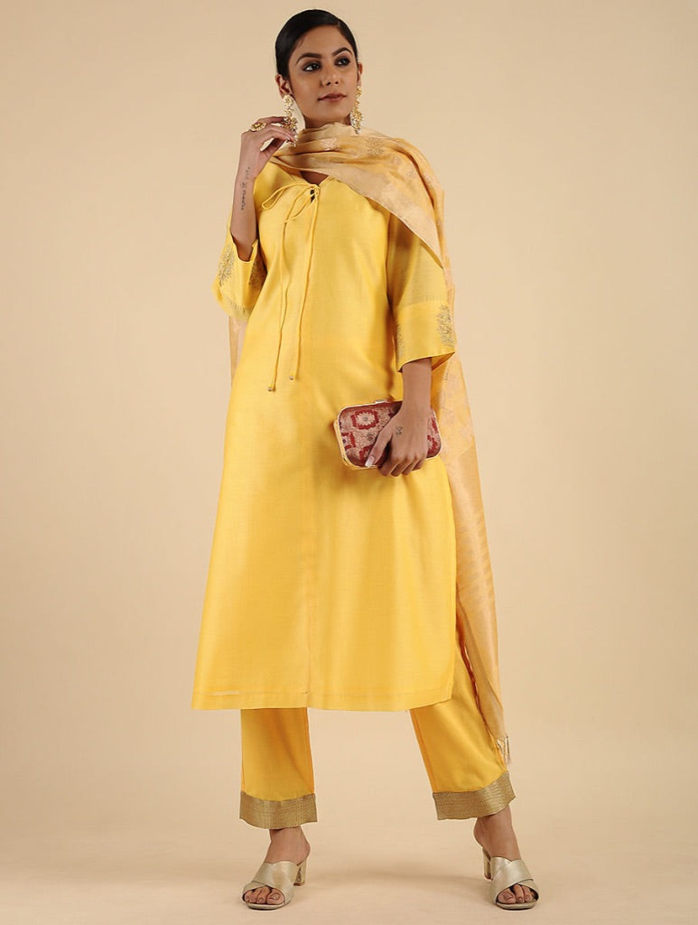 Lyrical Chanderi Yellow Embroidered Kurta Set