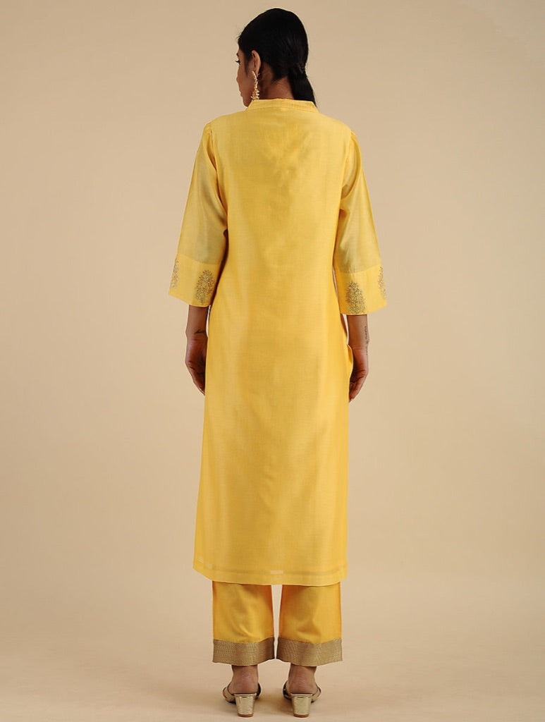 Lyrical Chanderi Yellow Embroidered Kurta Set