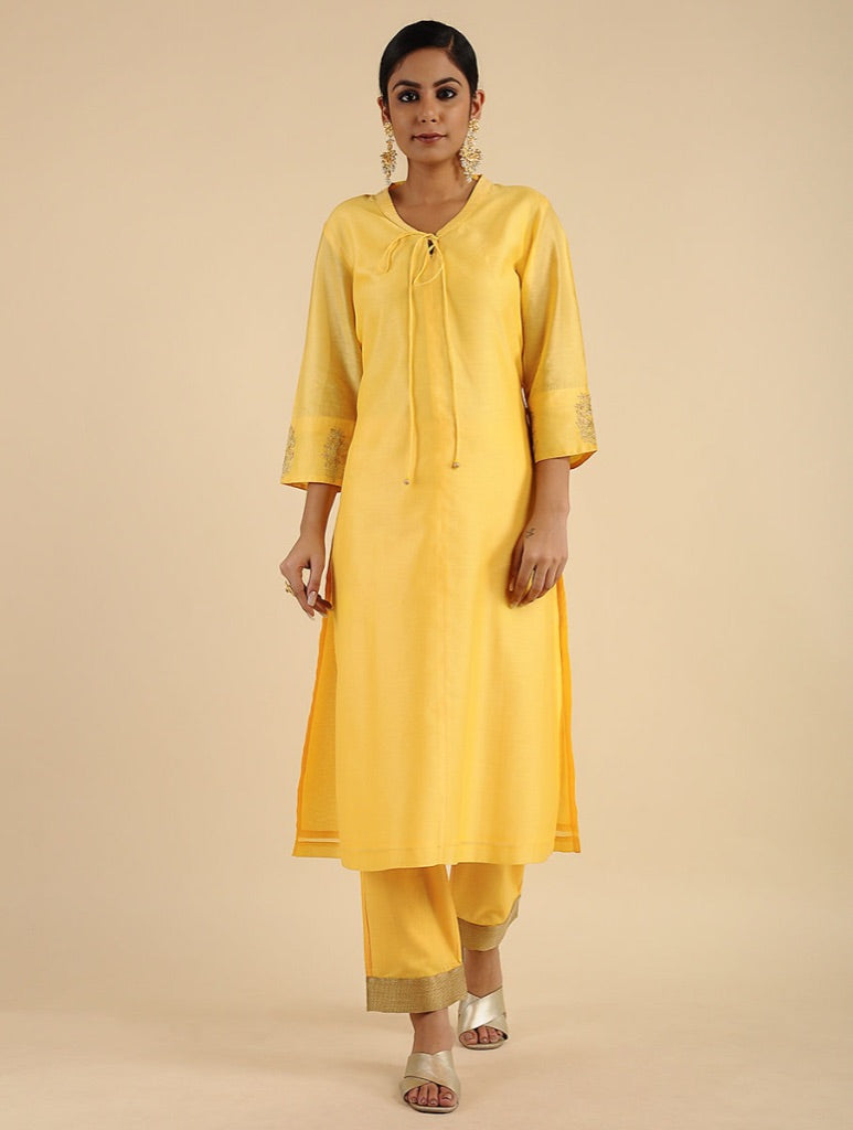 Lyrical Chanderi Yellow Embroidered Kurta Set